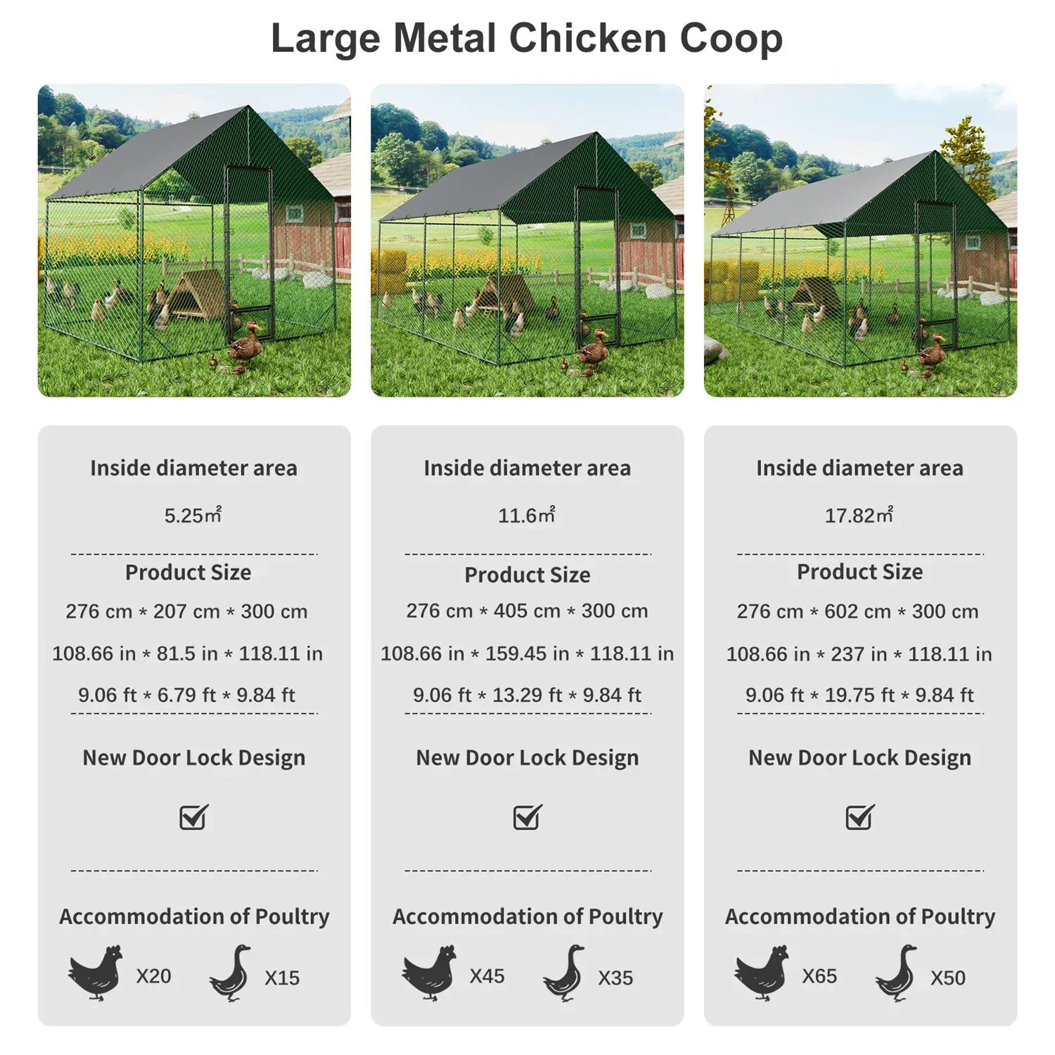 Heavy Duty Black Metal Walk-In Chicken Run Cage Coop with Cover, 276x602x300cm