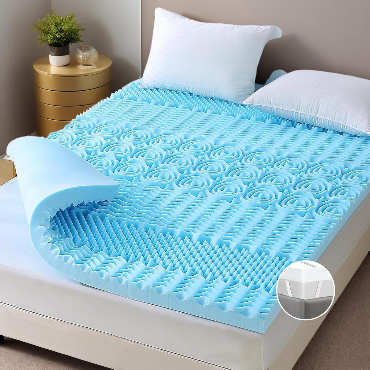Single Memory Foam Mattress Topper with 7-Zone Bamboo Cover Breathable