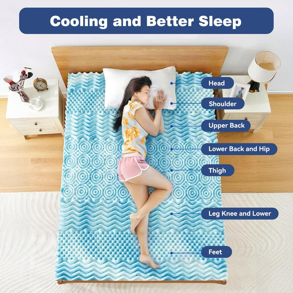 Single Memory Foam Mattress Topper with 7-Zone Bamboo Cover Breathable