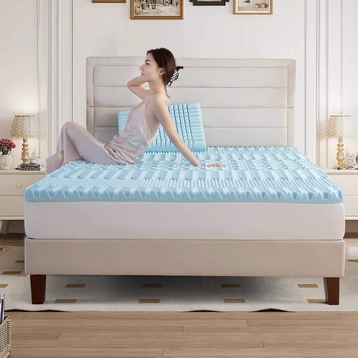 Single Memory Foam Mattress Topper with 7-Zone Bamboo Cover Breathable
