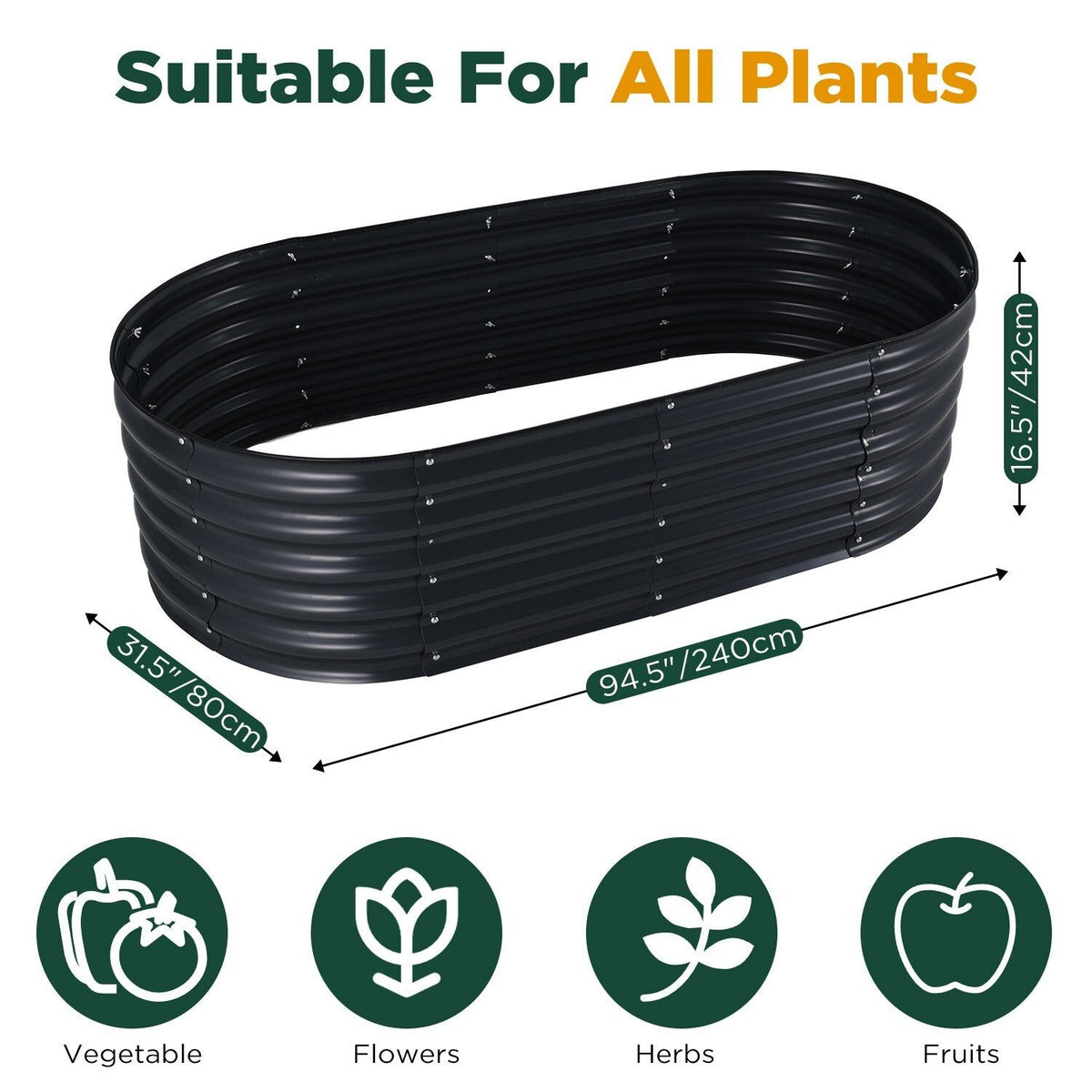 Oval Raised Garden Bed 240x80x42cm Galvanised Steel Planter
