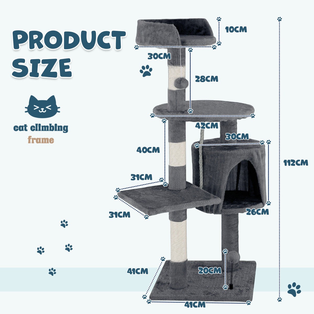 Cat Tower Tree Scratching Post 112cm Condo - Dark Grey