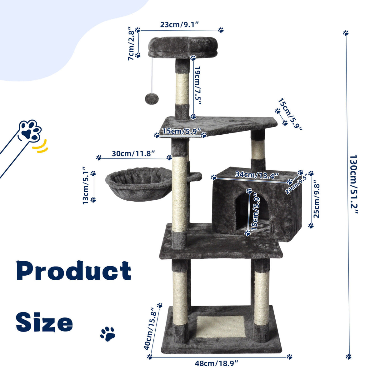 Large Cat Tree Tower Condo with Scratching Post and Bed - Grey