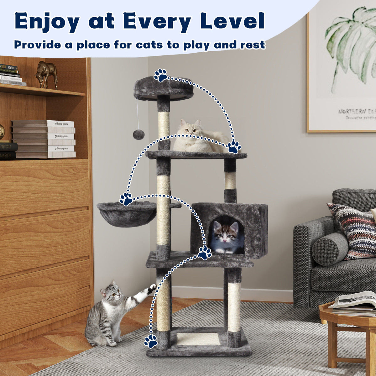 Large Cat Tree Tower Condo with Scratching Post and Bed - Grey