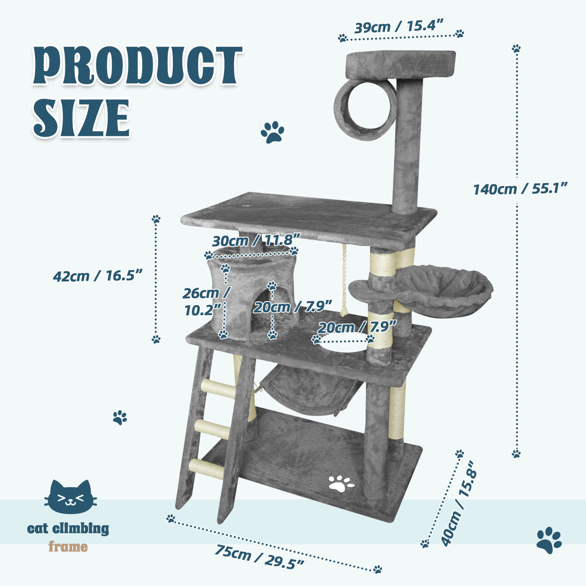 Cat Tree Tower Condo Scratching Post Bed Stand 1.4M - Grey