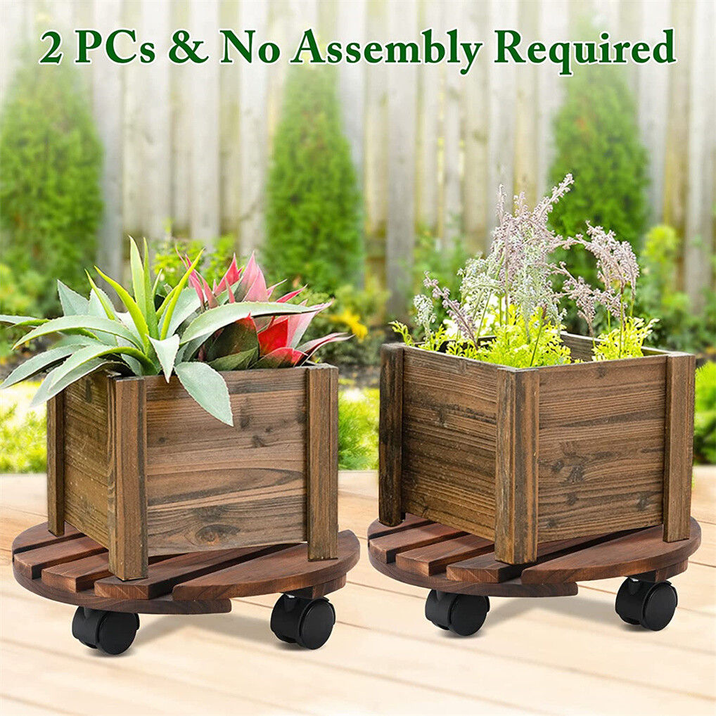 Wooden Plant Caddy Stand 2-Pack with 360° Rotating Casters