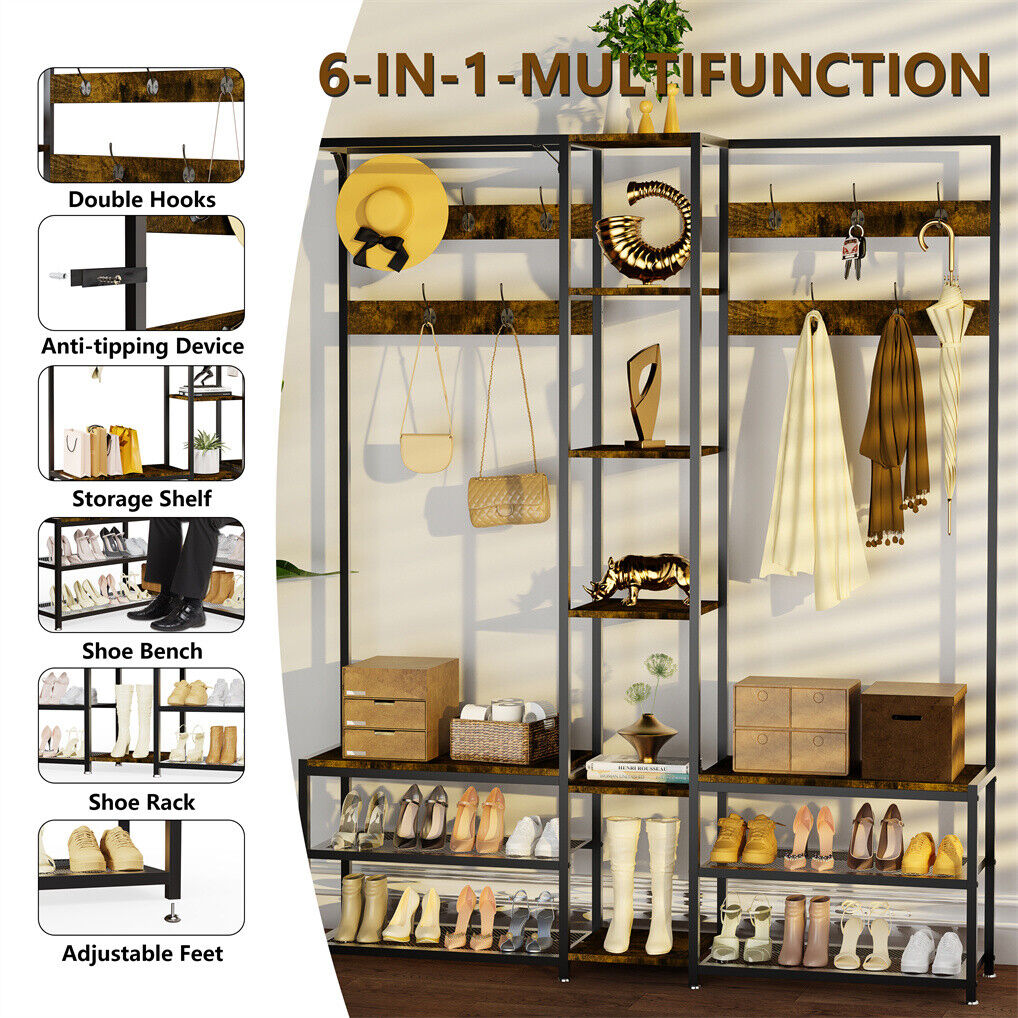 Corner Coat Stand with Shoe Bench and Organizer Metal & MDF - Rustic Brown