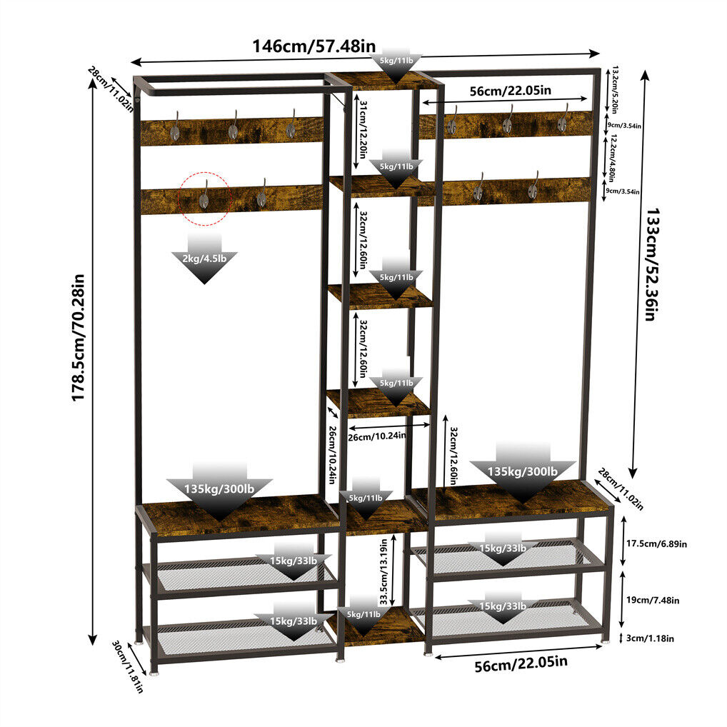 Corner Coat Stand with Shoe Bench and Organizer Metal & MDF - Rustic Brown