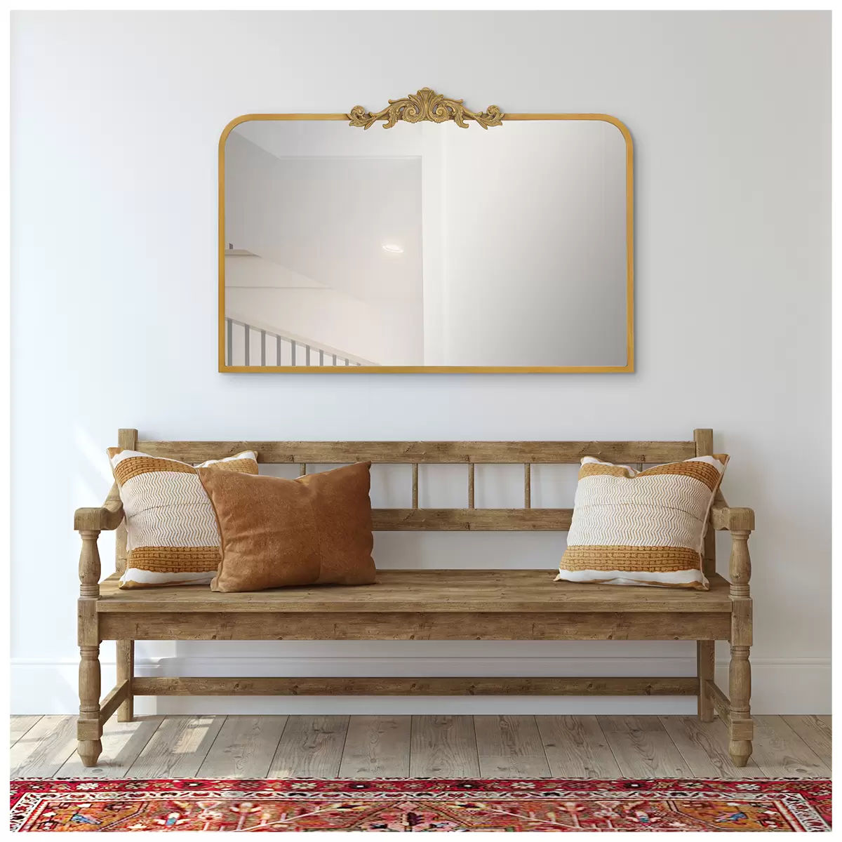 Wall Mirror with Decorative Cast Iron Scroll Applique - Antique Gold Finish