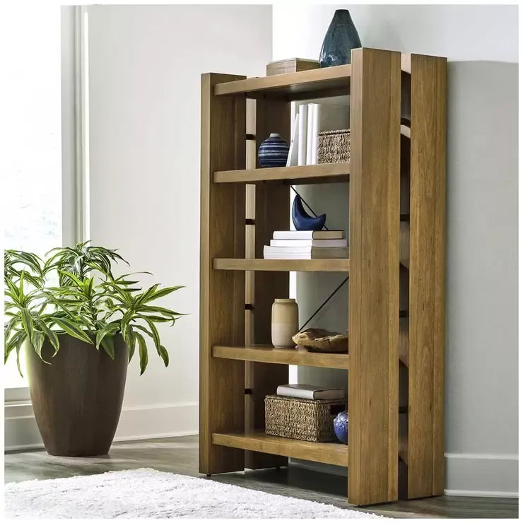 Adjustable Bookcase with Open Shelves Rubberwood and Acacia Veneers Indoor Use