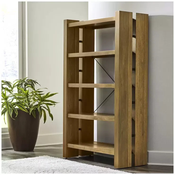 Adjustable Bookcase with Open Shelves Rubberwood and Acacia Veneers Indoor Use