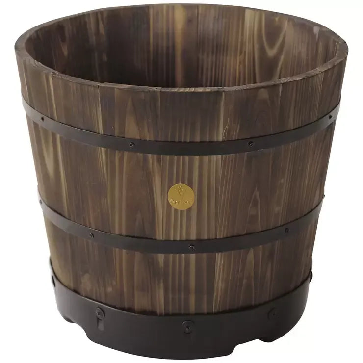 37cm Wooden Barrel Planter 6 Pack - Burnt Oak Durable Composite for Flowering Plants