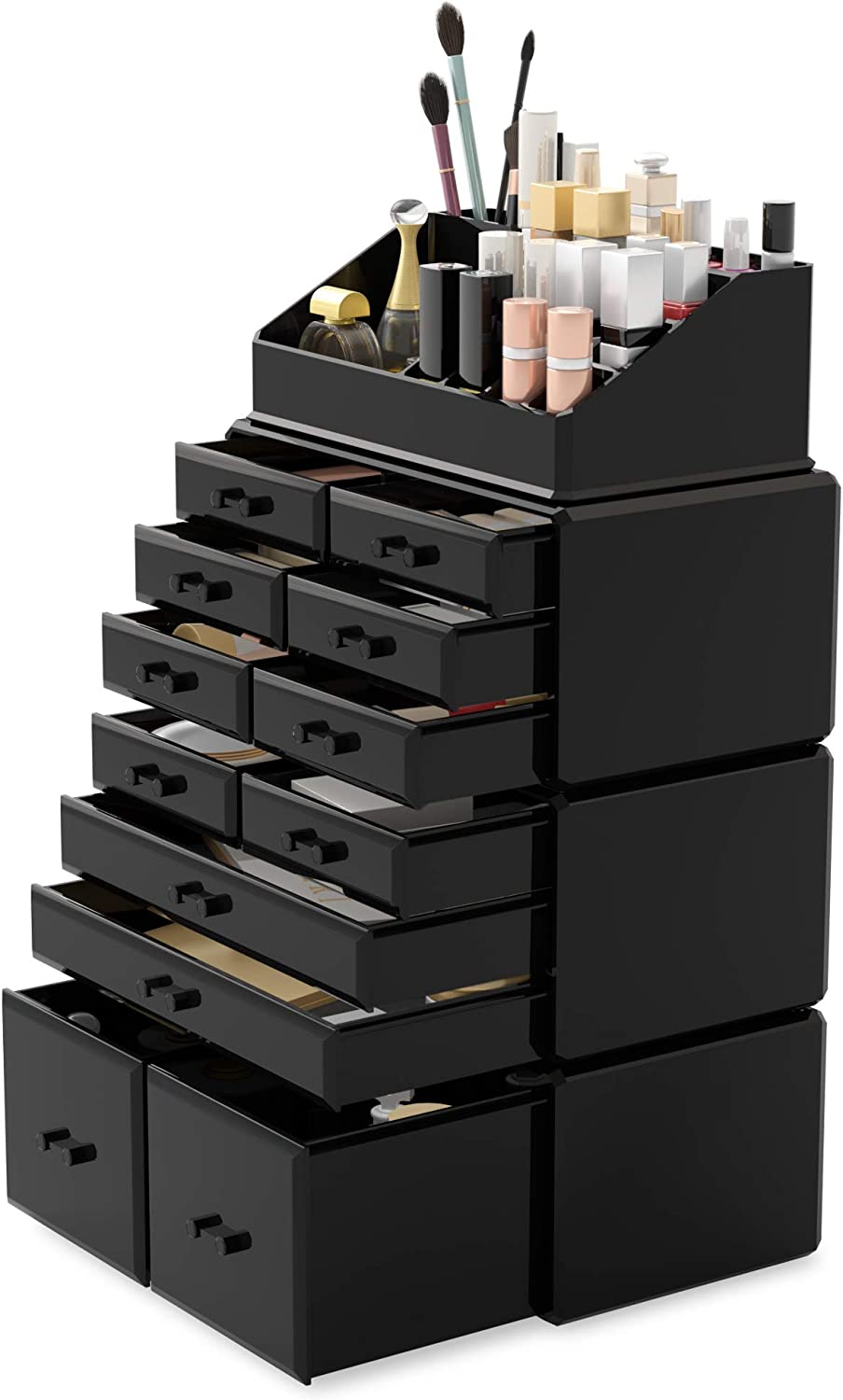 Makeup Cosmetic Organizer Storage with 12 Drawers and Display Boxes - Black