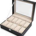 Watch Organizer Display Storage Box with 10 Slots and Glass Lid - Black PU Leather
