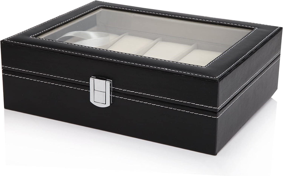 Watch Organizer Display Storage Box with 10 Slots and Glass Lid - Black PU Leather