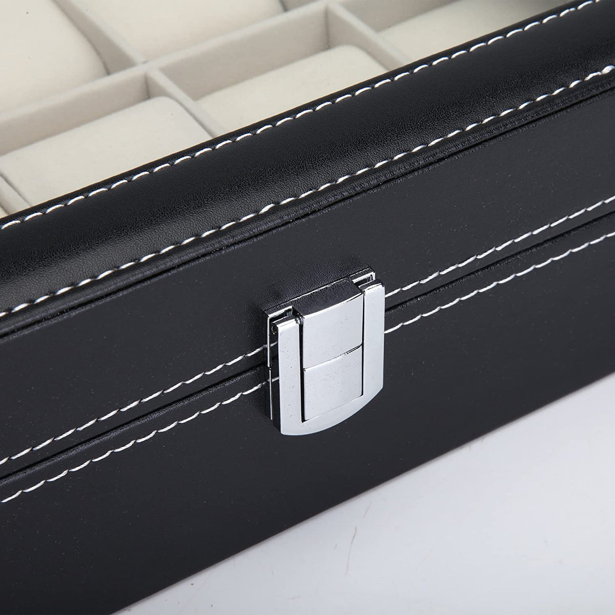 Watch Organizer Display Storage Box with 10 Slots and Glass Lid - Black PU Leather