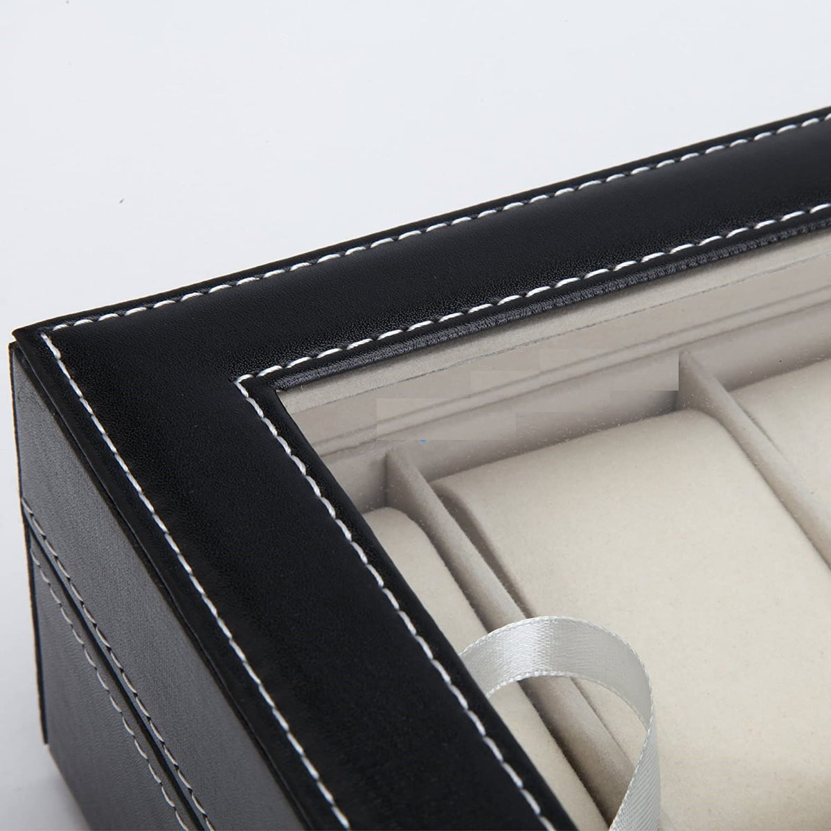 Watch Organizer Display Storage Box with 10 Slots and Glass Lid - Black PU Leather