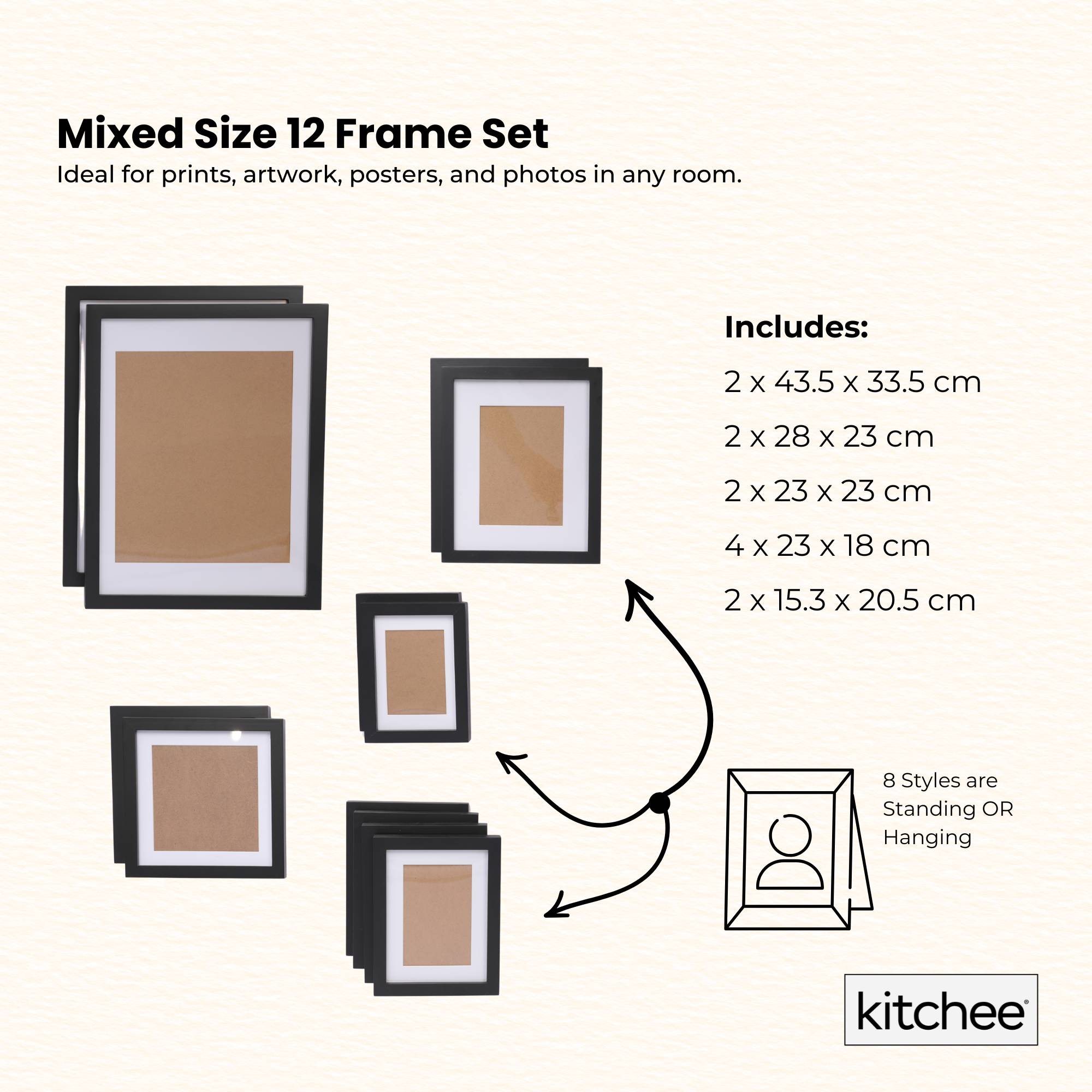 12 Piece Mixed Size Modern Photo Frame Set with Gallery Wall Hooks - Matt Black