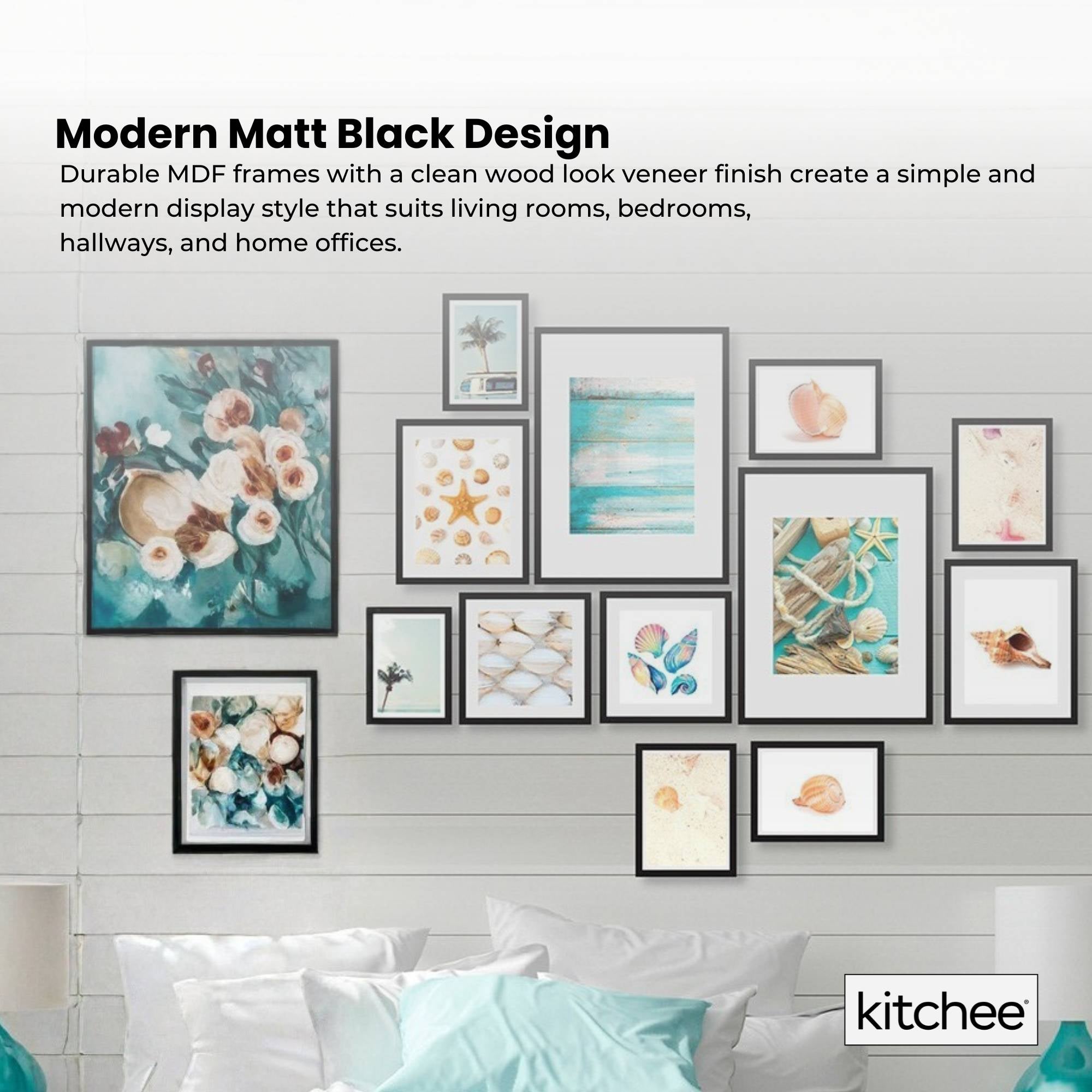 12 Piece Mixed Size Modern Photo Frame Set with Gallery Wall Hooks - Matt Black