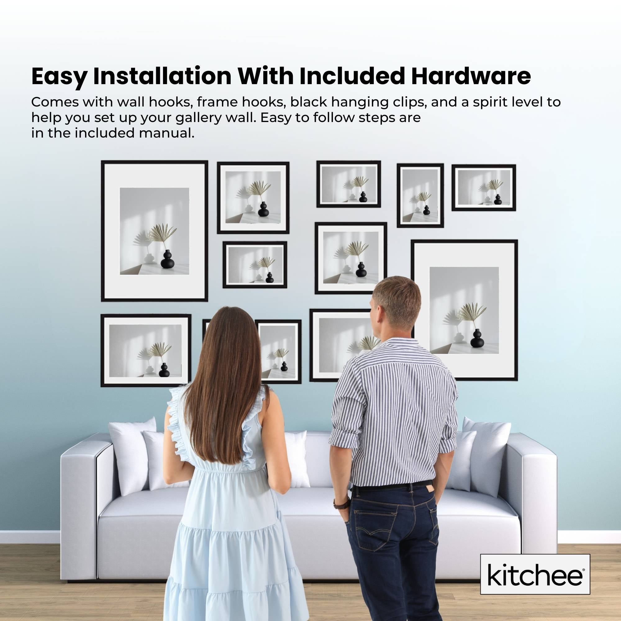 12 Piece Mixed Size Modern Photo Frame Set with Gallery Wall Hooks - Matt Black