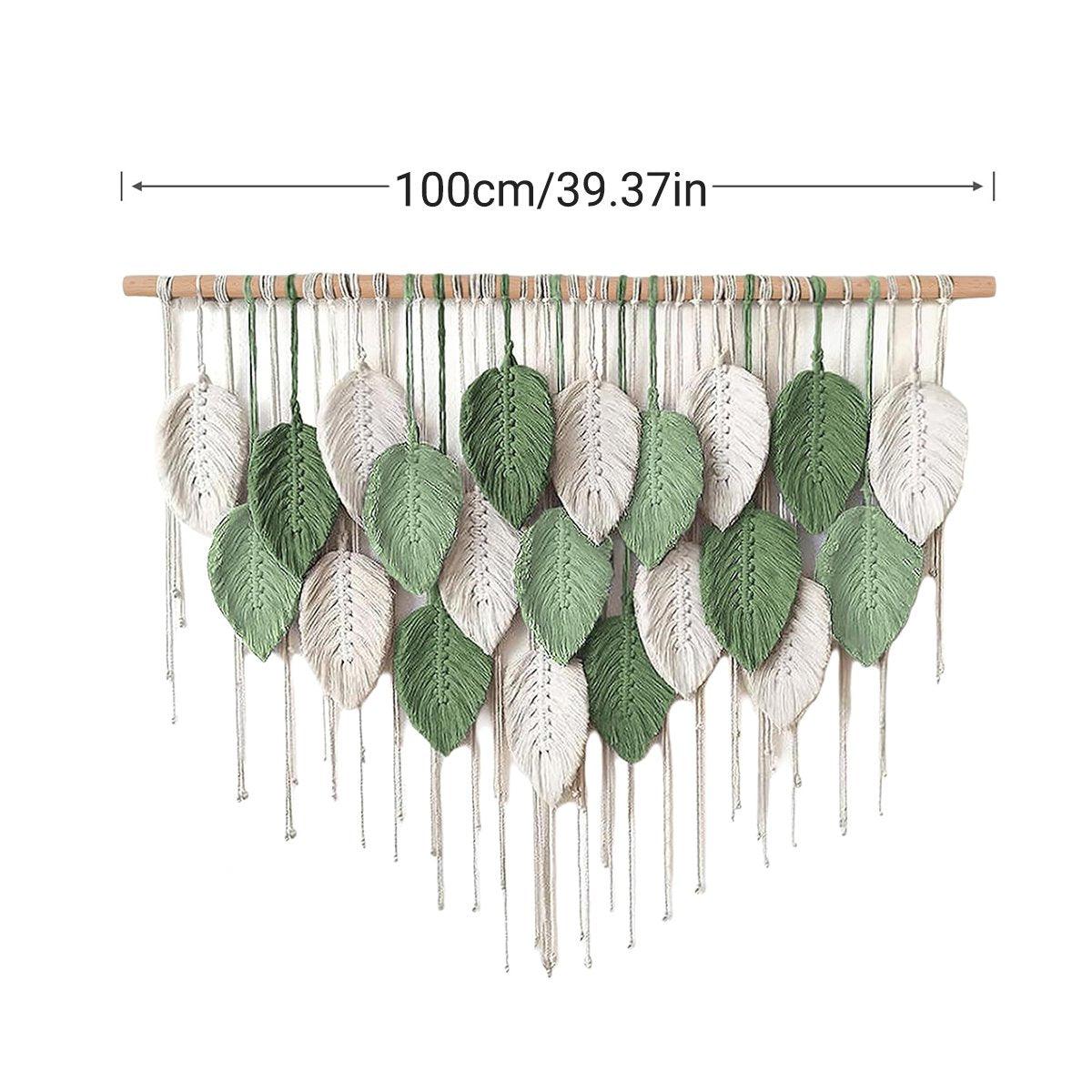 Cotton Rope Woven Leaves Tapestry Wall Hanging for Living Room Bedroom Decor - Green and White