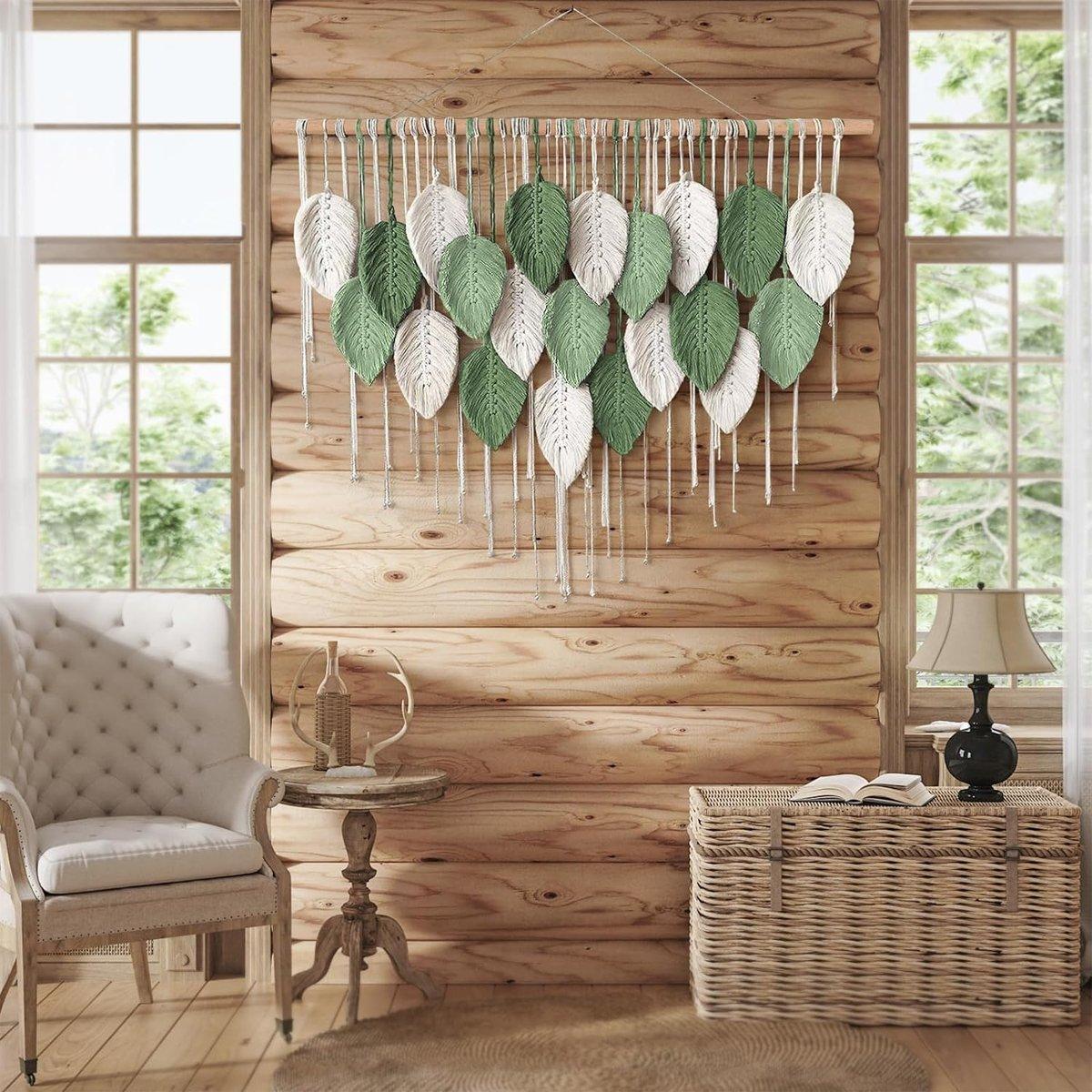 Cotton Rope Woven Leaves Tapestry Wall Hanging for Living Room Bedroom Decor - Green and White