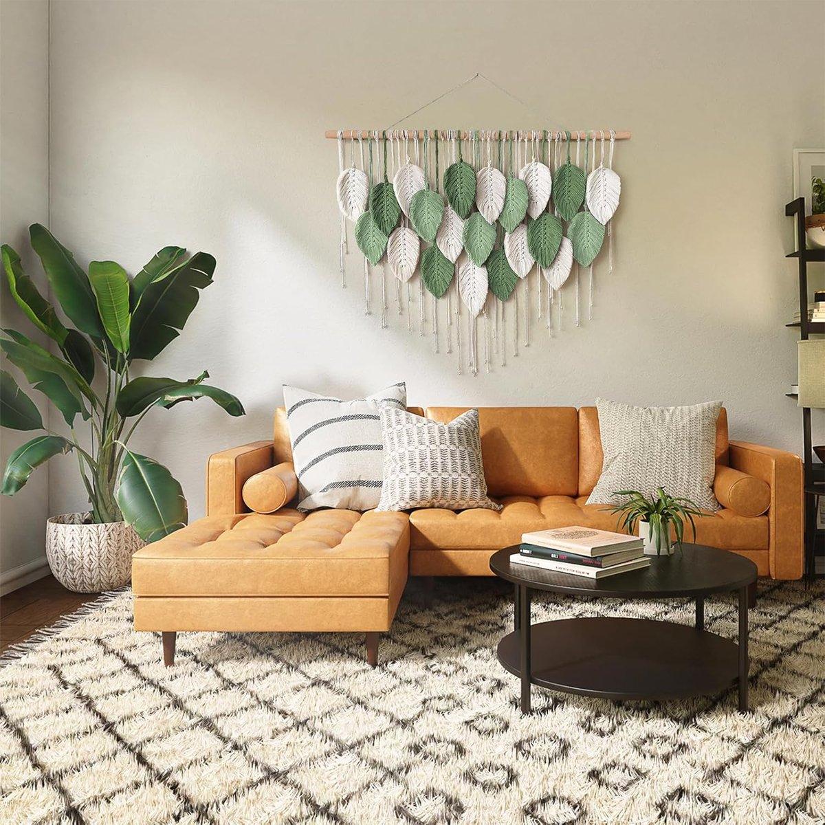 Cotton Rope Woven Leaves Tapestry Wall Hanging for Living Room Bedroom Decor - Green and White