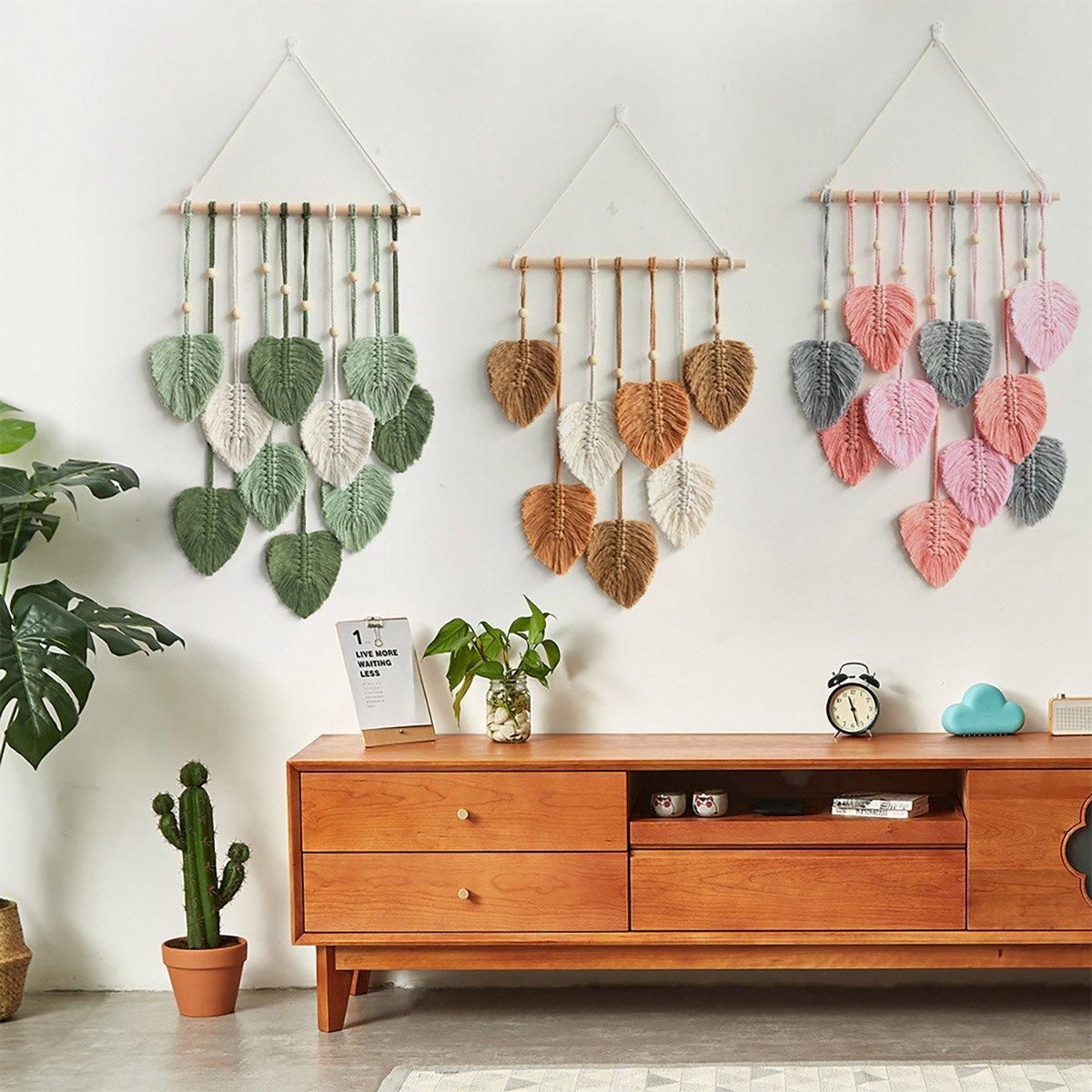 Handmade Braided Cotton Rope Leaf Wall Hanging Decoration - Green