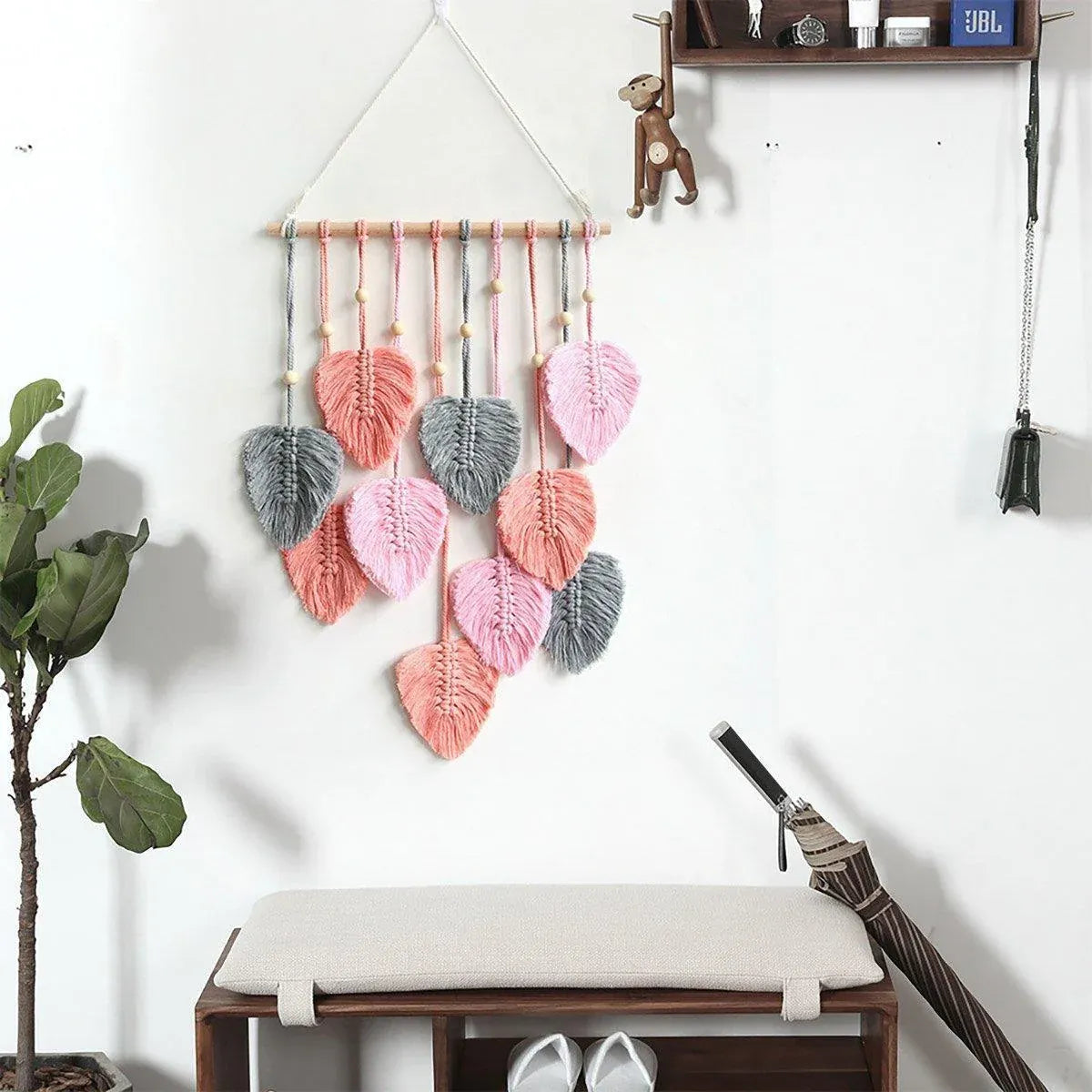 Handmade Braided Cotton Rope Leaf Wall Hanging Decoration - Pink