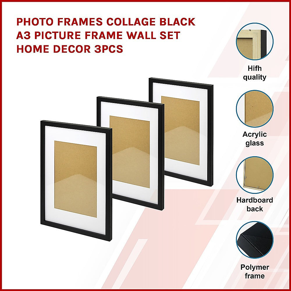 A3 Photo Frame Wall Collage Set 3PCS with White Mat - Black