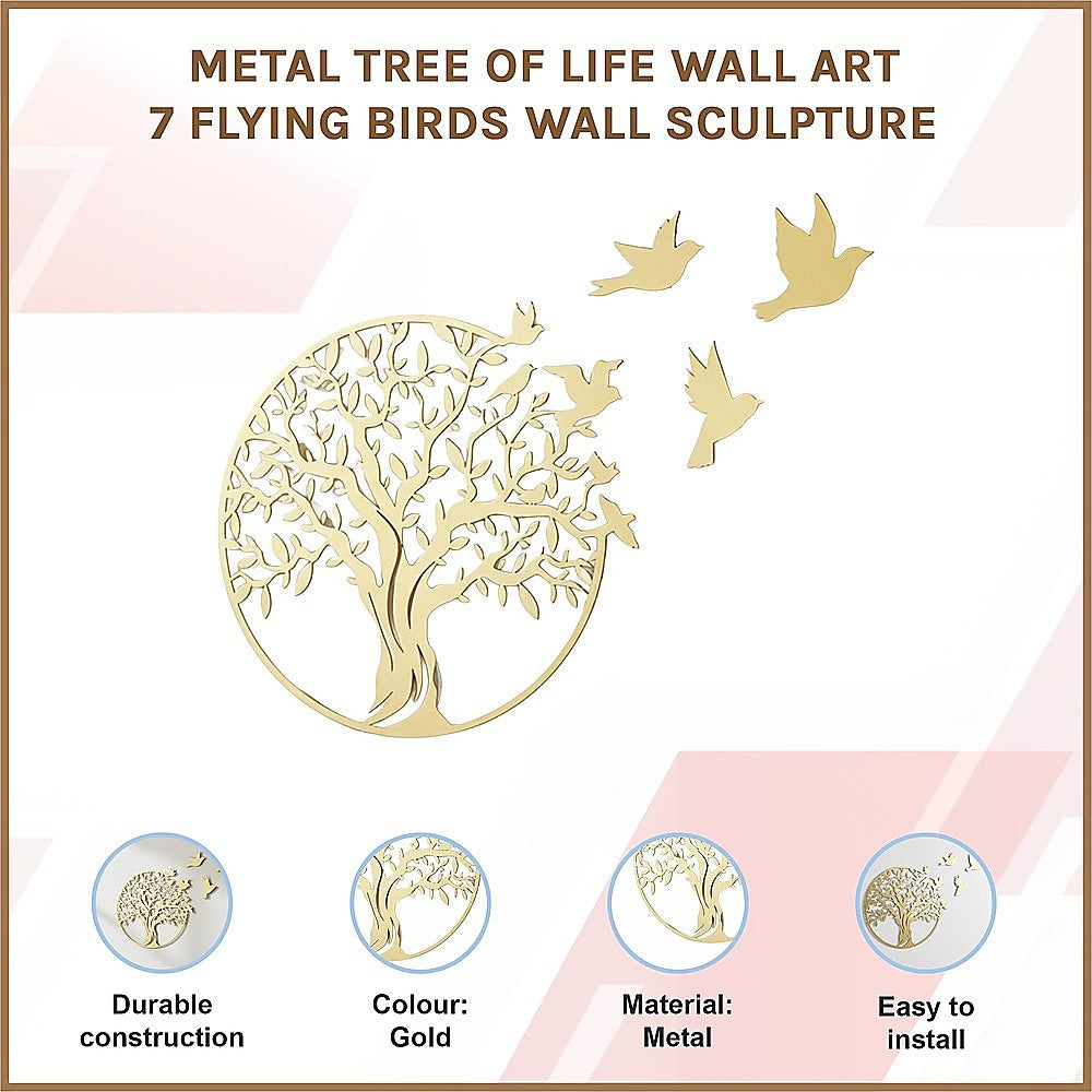 Tree of Life Metal Wall Art with 7 Flying Birds Sculpture 30x49cm - Gold