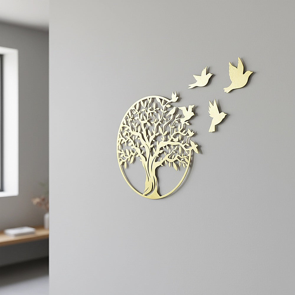 Tree of Life Metal Wall Art with 7 Flying Birds Sculpture 30x49cm - Gold
