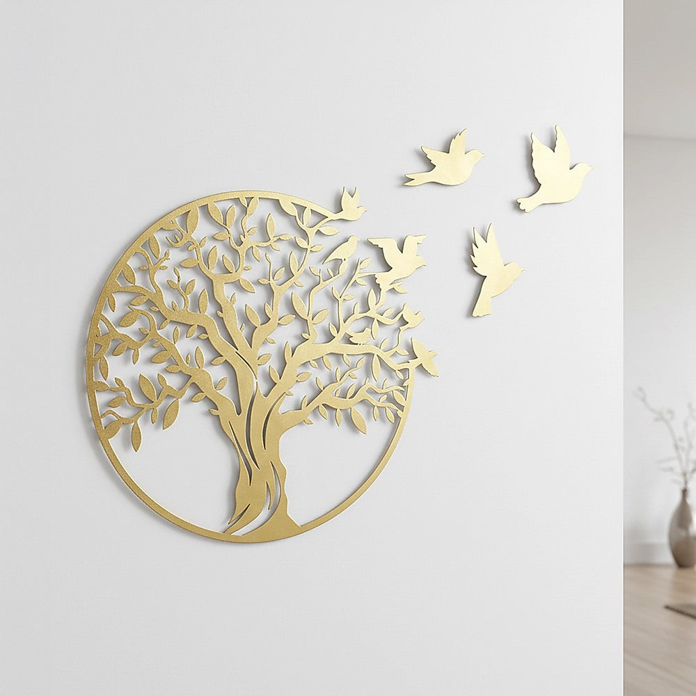 Tree of Life Metal Wall Art with 7 Flying Birds Sculpture 30x49cm - Gold
