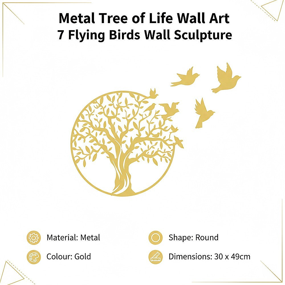 Tree of Life Metal Wall Art with 7 Flying Birds Sculpture 30x49cm - Gold