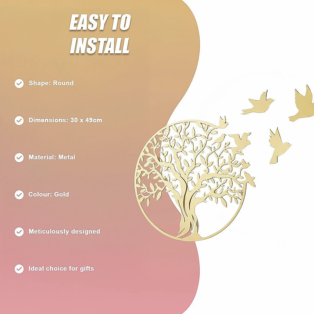 Tree of Life Metal Wall Art with 7 Flying Birds Sculpture 30x49cm - Gold