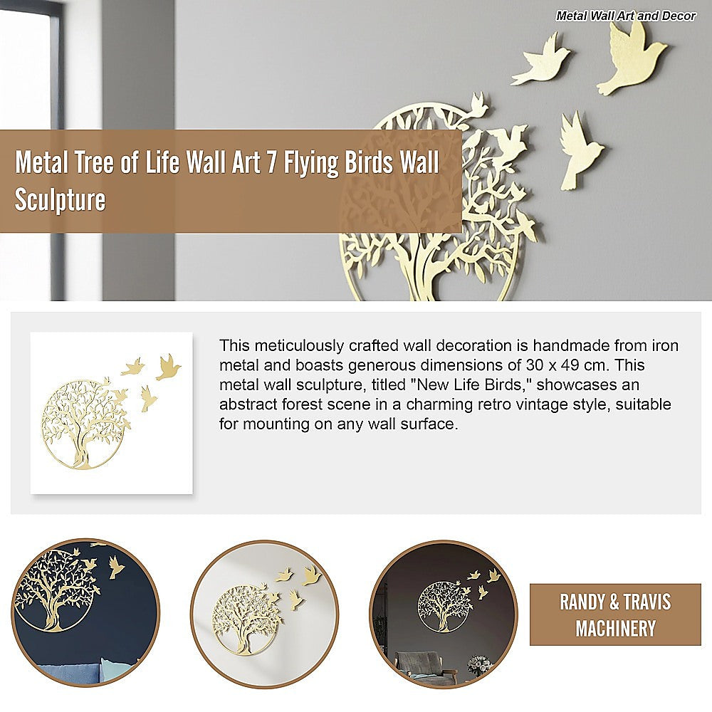 Tree of Life Metal Wall Art with 7 Flying Birds Sculpture 30x49cm - Gold