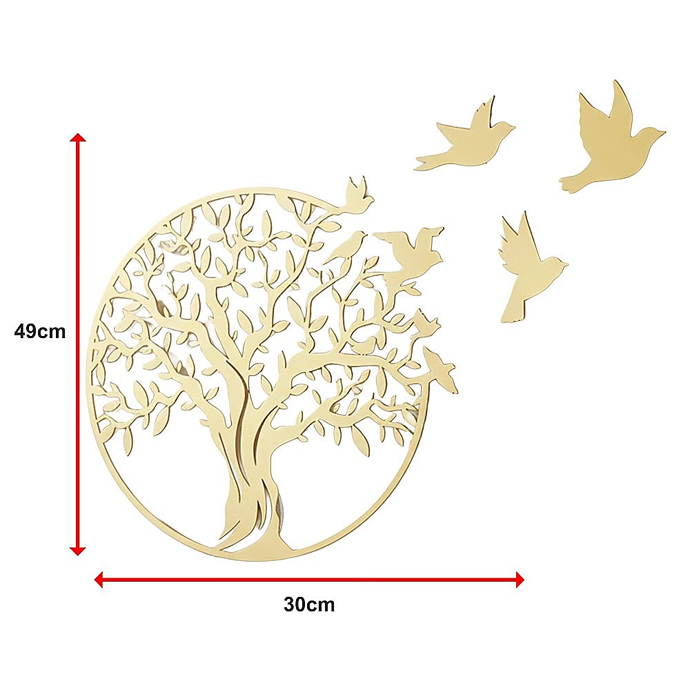 Tree of Life Metal Wall Art with 7 Flying Birds Sculpture 30x49cm - Gold