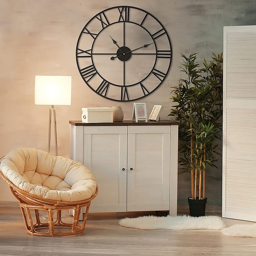 60cm Industrial Large Round Wall Clock with Roman Numerals - Black & Gold