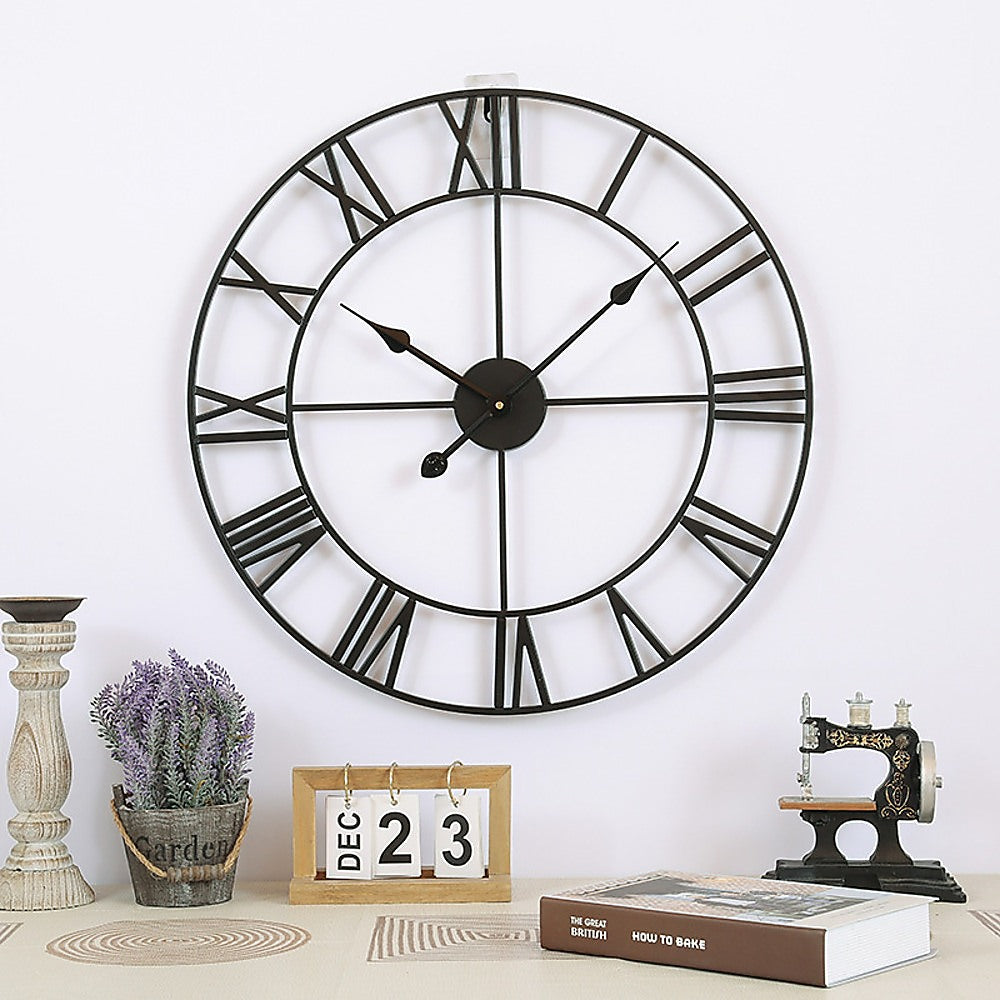 60cm Industrial Large Round Wall Clock with Roman Numerals - Black & Gold