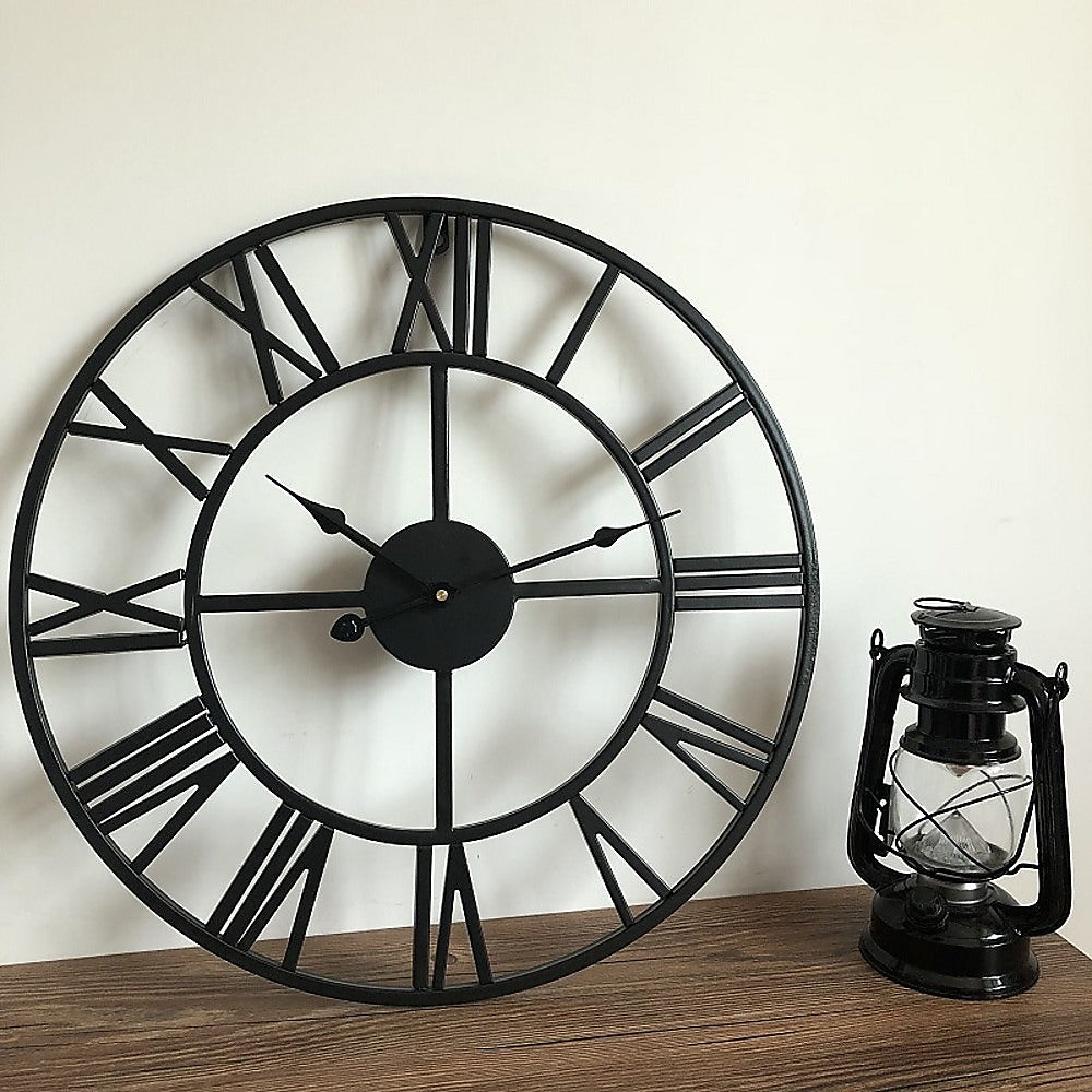 60cm Industrial Large Round Wall Clock with Roman Numerals - Black & Gold