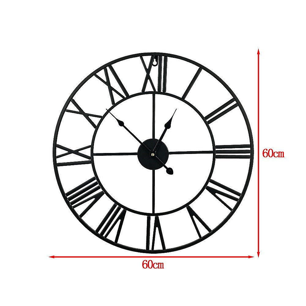 60cm Industrial Large Round Wall Clock with Roman Numerals - Black & Gold