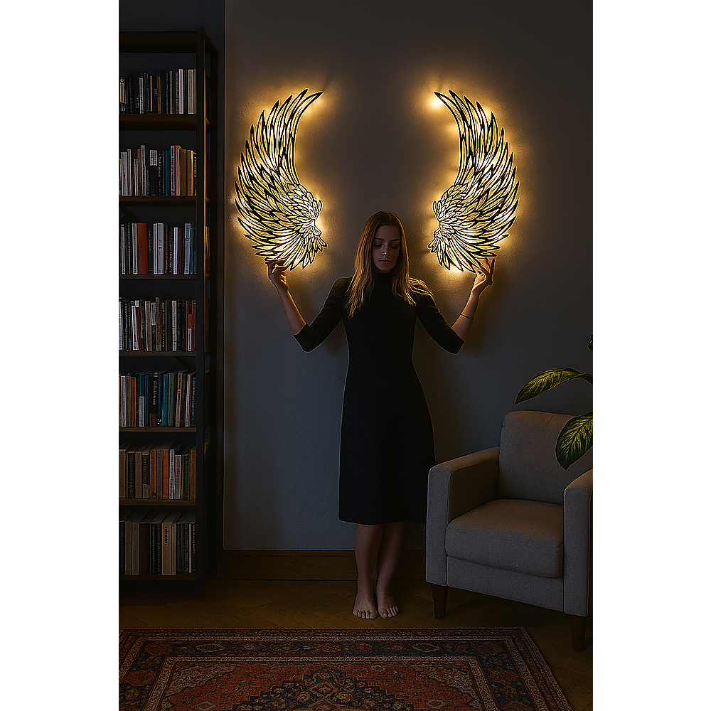 LED Angel Wing Metal Wall Art Wrought Iron Wings Sculpture with Fairy Lights - Vintage Finish