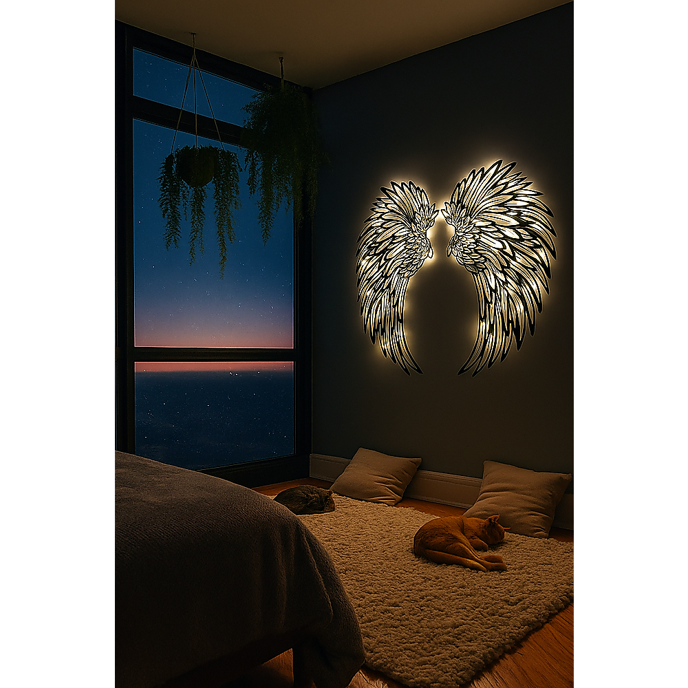 LED Angel Wing Metal Wall Art Wrought Iron Wings Sculpture with Fairy Lights - Vintage Finish