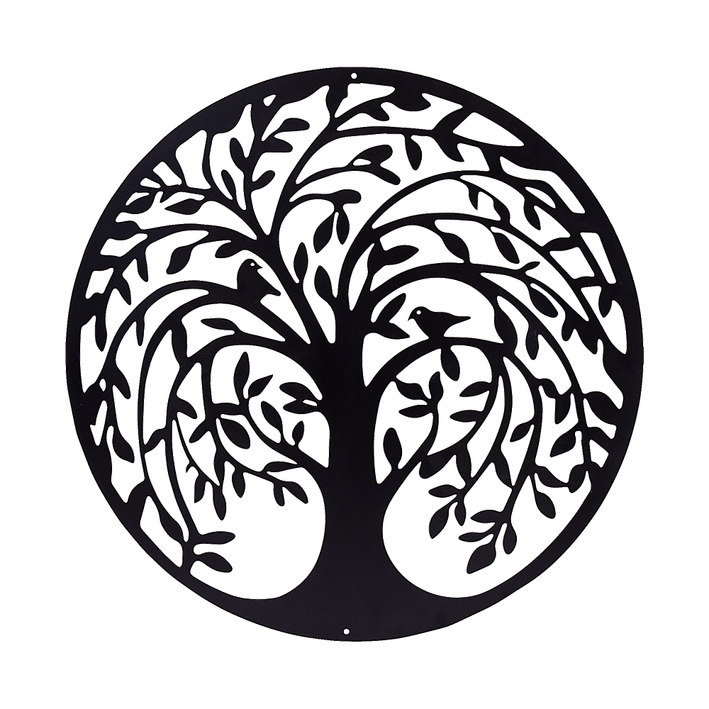 60cm Round Tree of Life and Birds Metal Wall Art Sculpture - Black