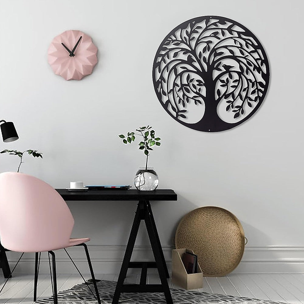 60cm Round Tree of Life and Birds Metal Wall Art Sculpture - Black