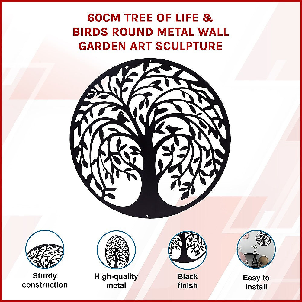 60cm Round Tree of Life and Birds Metal Wall Art Sculpture - Black