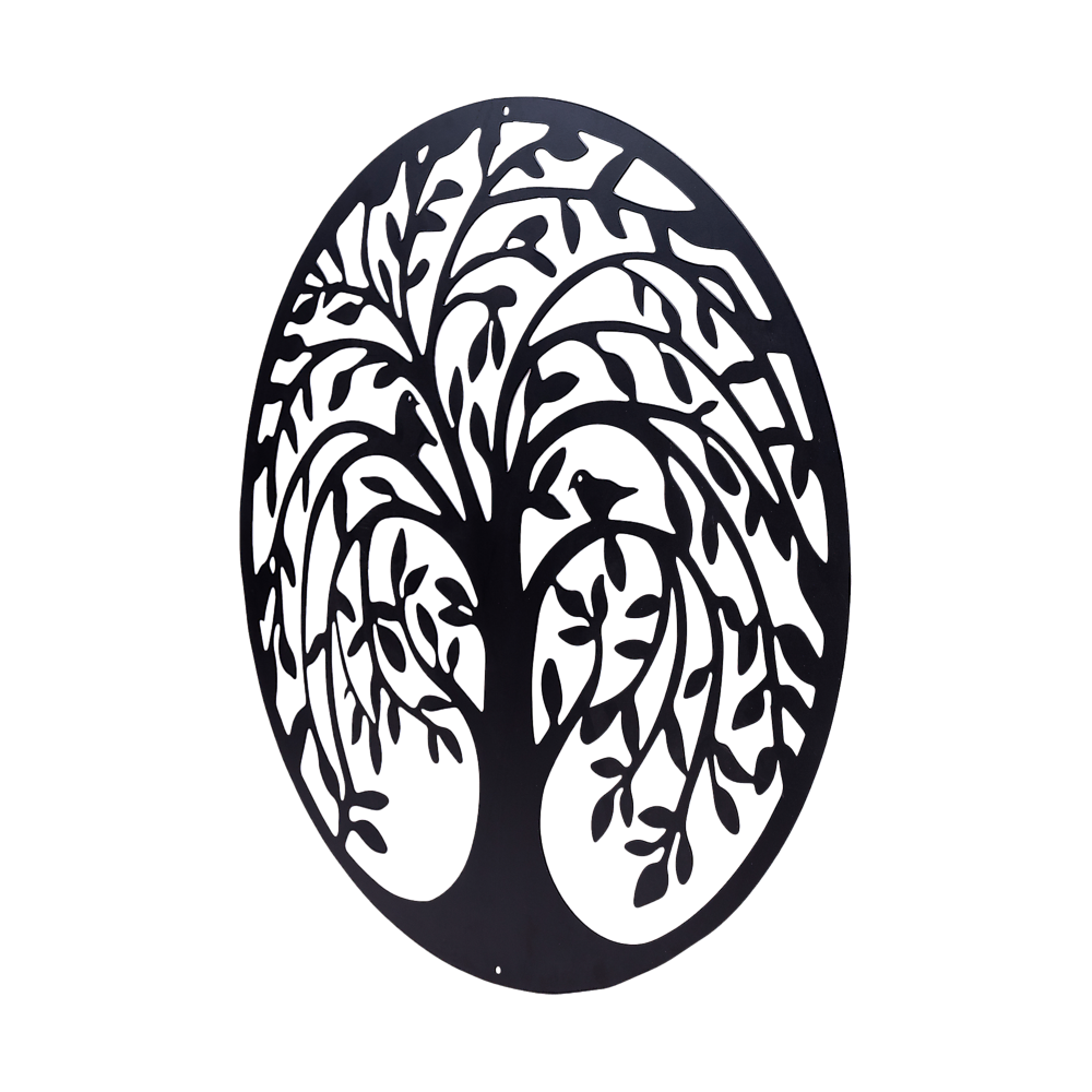 60cm Round Tree of Life and Birds Metal Wall Art Sculpture - Black