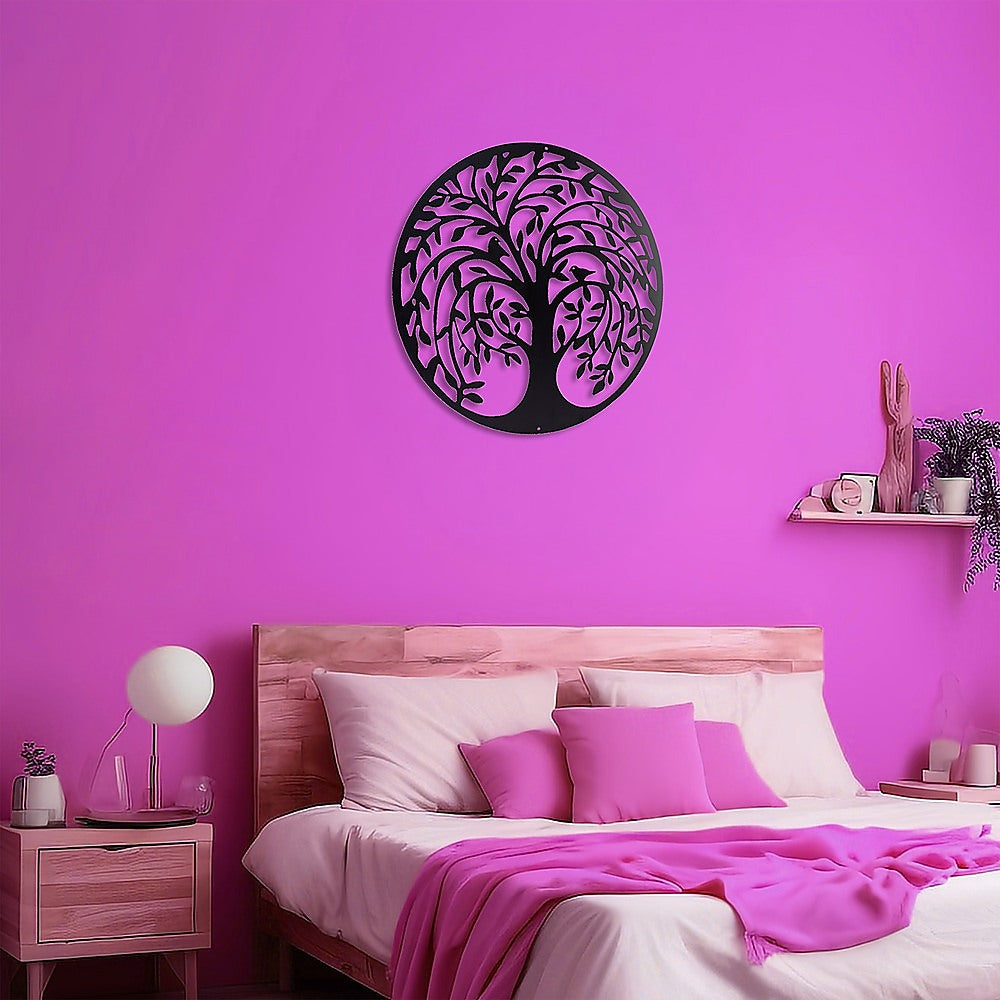 60cm Round Tree of Life and Birds Metal Wall Art Sculpture - Black