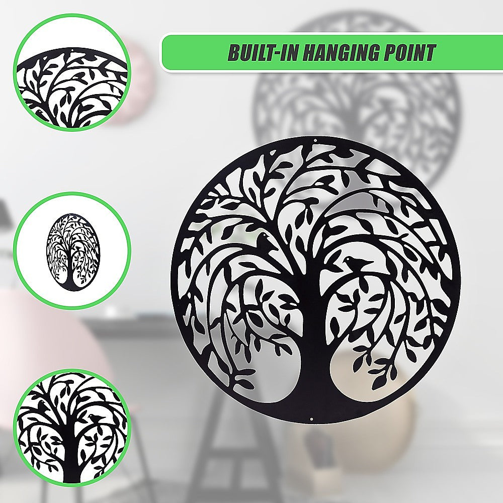 60cm Round Tree of Life and Birds Metal Wall Art Sculpture - Black