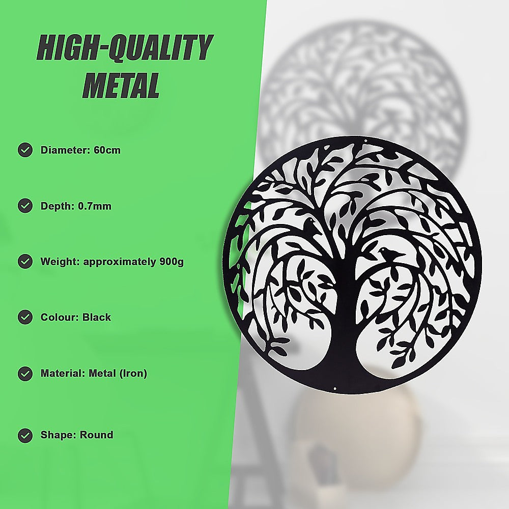 60cm Round Tree of Life and Birds Metal Wall Art Sculpture - Black